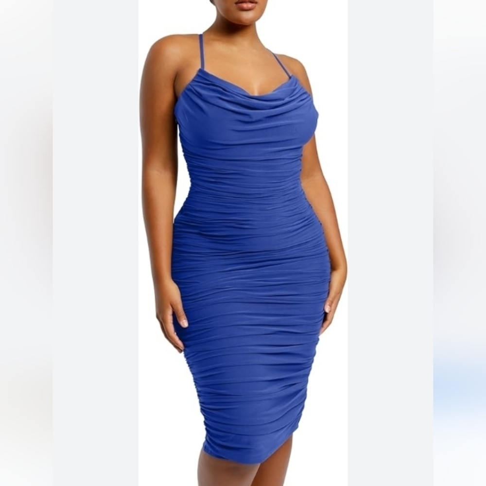 Shapellx Shaper Dress Womens XL AirSlim Sleeveless Ruched Blue Formal Midi NEW
